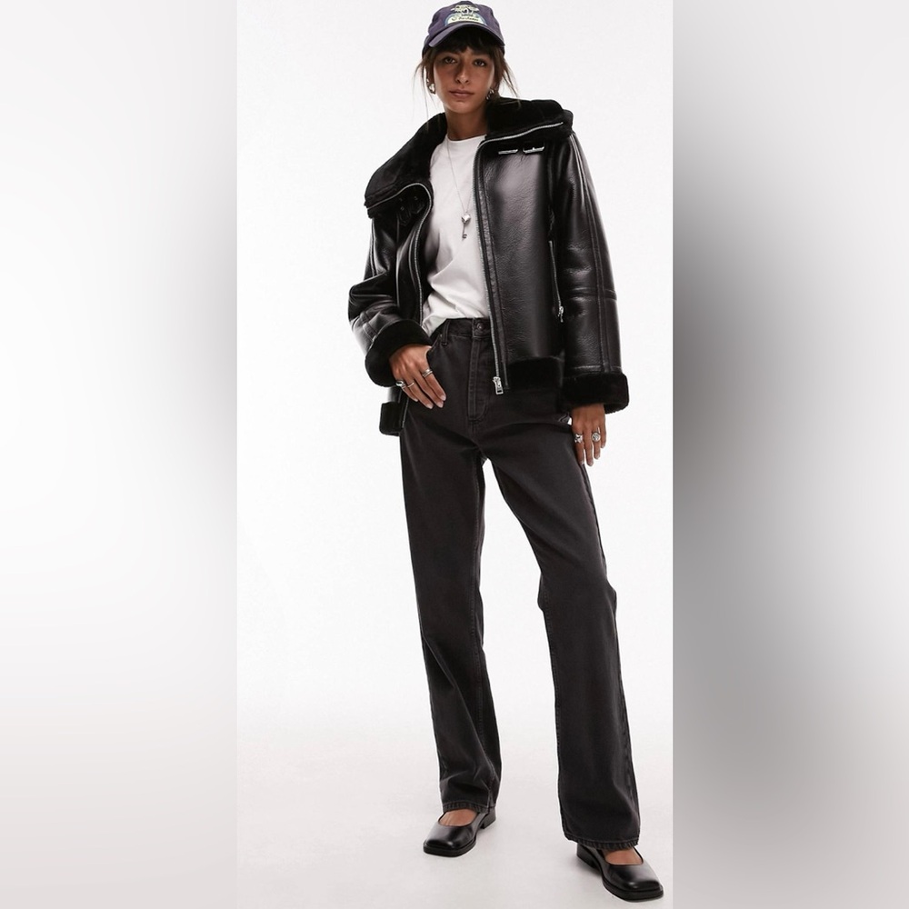 Topshop Faux leather shearling zip front oversize jacket with double collar